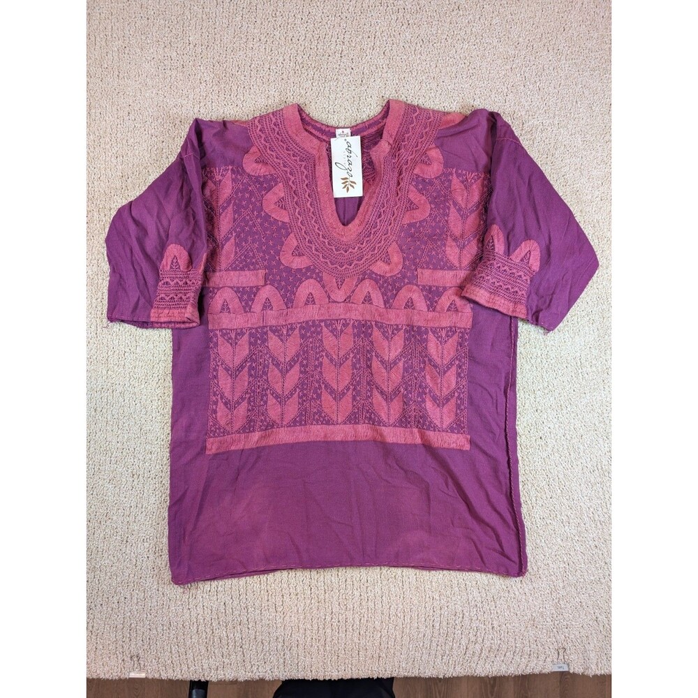 Abrazo Style Handmade Mexican Embroidered Blouse Purple Cotton Artisan NWT